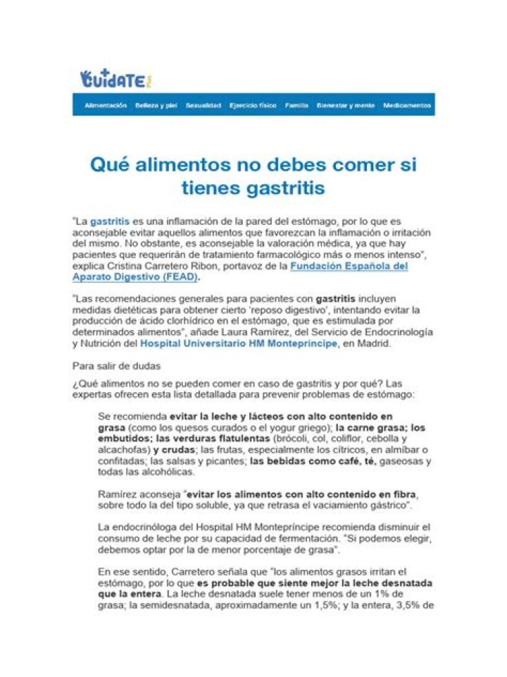 Qué alimentos no debes comer si tienes gastritis